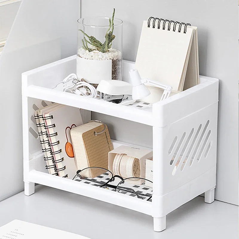 2PCS PP Desktop Double Layer Storage Rack Rectangular White Organizing Student Desk Office Cosmetics Stationery Holder for Books