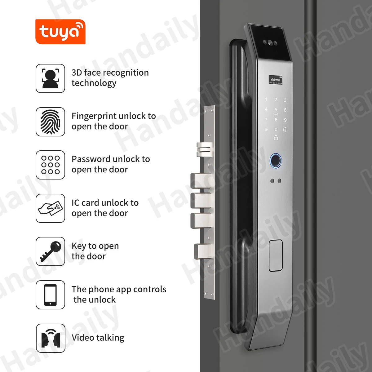 Tuya Smart Door Lock with Face Recognition Fingerprint Card Unlock App Remote Control and Multi Language Video Intercom