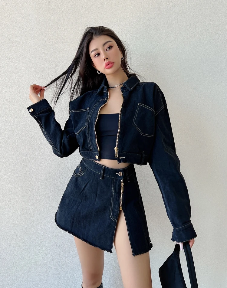 Women 2 Pieces Denim Trucker Jacket And Split Front Denim Mini Skirt Set With Contrast Stitching Detail