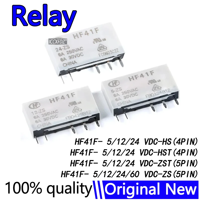 

20Pcs/Lot Relay HF41F 5V 12V 24V 60VDC HF41F - 05 012 024 -ZS -HS -ZST -HST HF41F-012-ZS 5PIN 6A HF41F-024-ZS