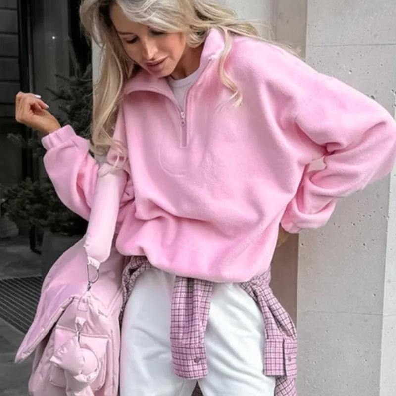 New Fashion Pink Lapel Zipper Collar Fleece Pullover Autumn Winter Long Sleeve Loose Sweatshirt Women Jackets Commute Outwear
