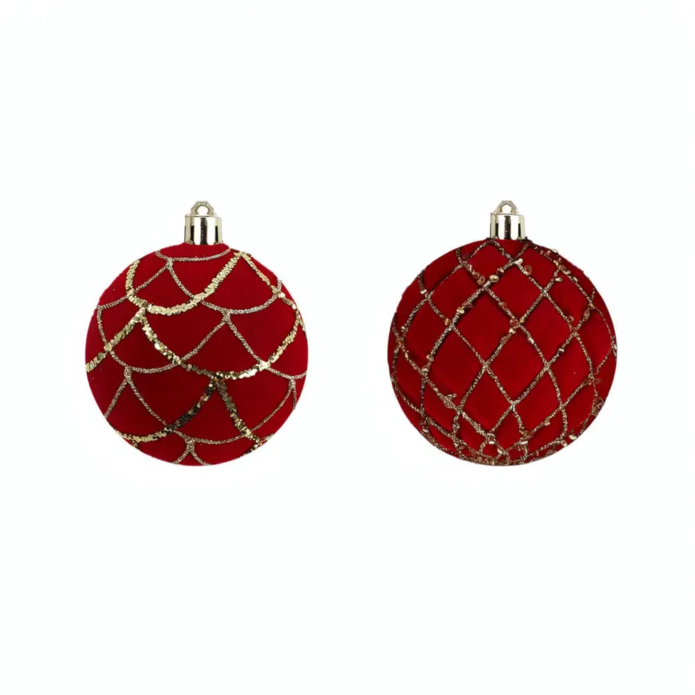 Luxury Burgundy Velvet Flocked Balls Gold Thread Grid Glitter Tree Pendant For Lanrun Christmas Holiday Decor