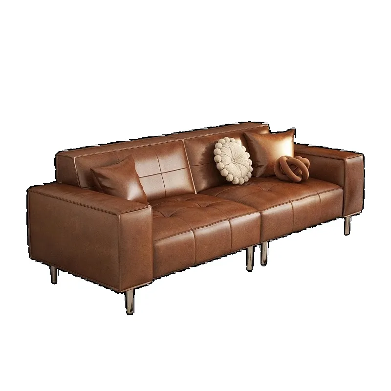 French retro oil wax leather sofa, Italian light luxury straight row cat scratching skin living room antique multi-person sofa