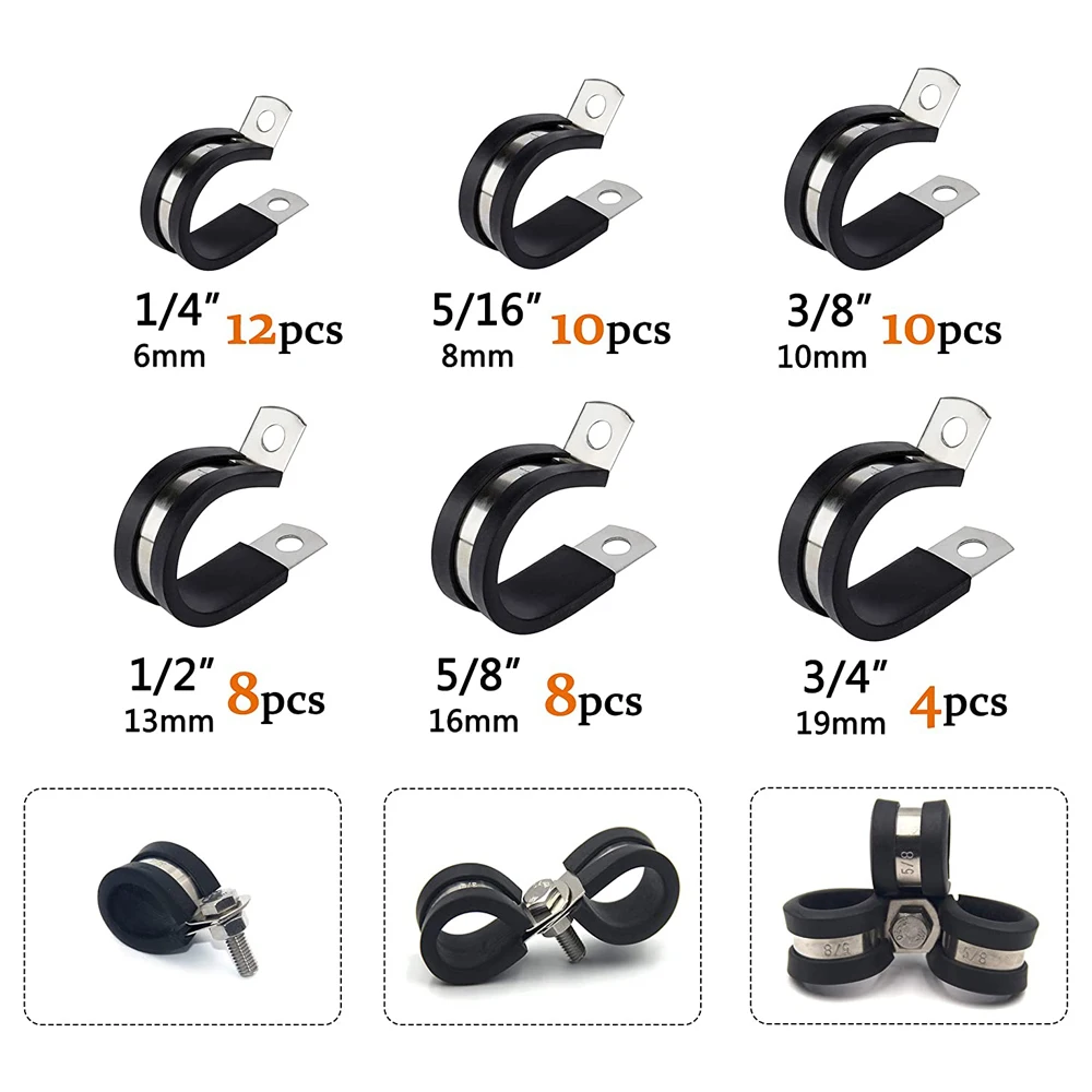 52pcs Cable Clamps Assortment Kit 304 Stainless Steel Rubber Cushion Pipe Clamps in 6 Sizes 1/4