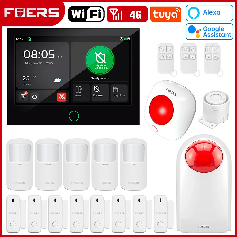 FUERS 7 Inch TFT Screen 4G WiFi Tuya Smart Home Security Alarm System G70 FSK Wireless Home Burglar Security Alarm System IP Cam