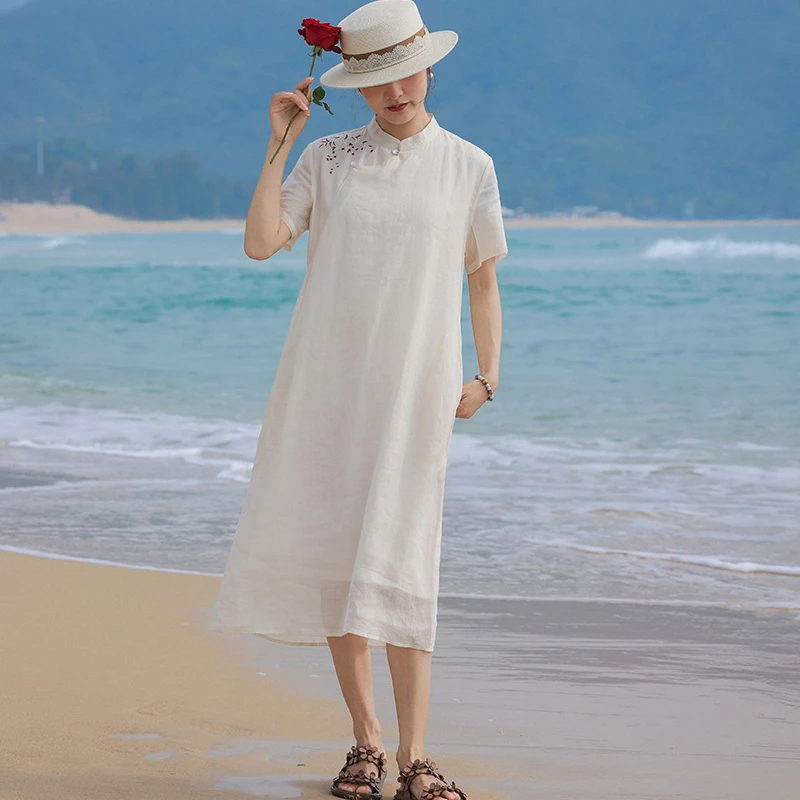 

High Quality Ramie Embroidery Women Casual Dress New 2026 Summer Chinese Style Solid Color Female A-line Long Dresses M2581