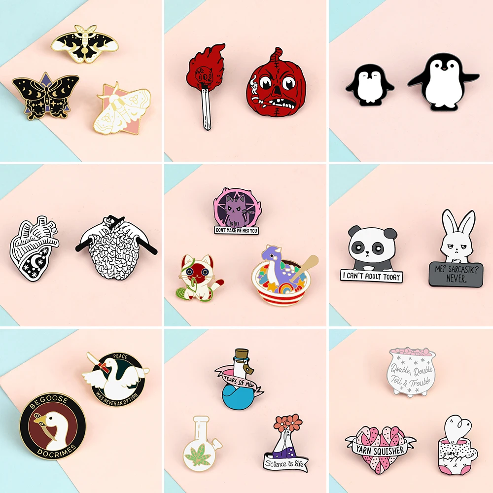 Fashion Women Brooches Set Animal Rabbit Penguin Butterfly Goose Enamel Pins Heart Test Tube Badge Jewelry Backpack Accessories
