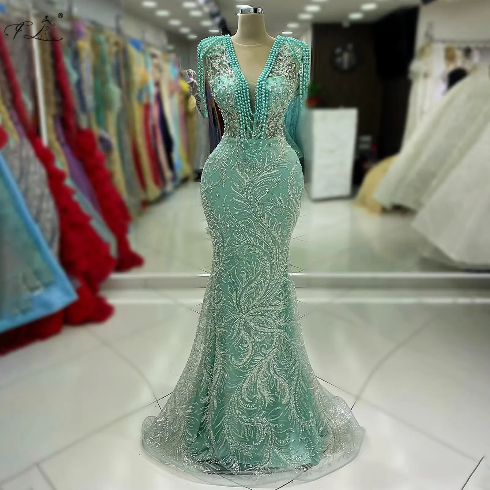 

Mint Green Beaded Pendant Evening Gown With Beaded Sleeveless Mermaid Prom Dress Fitted Dress Cocktail Dress Customizable