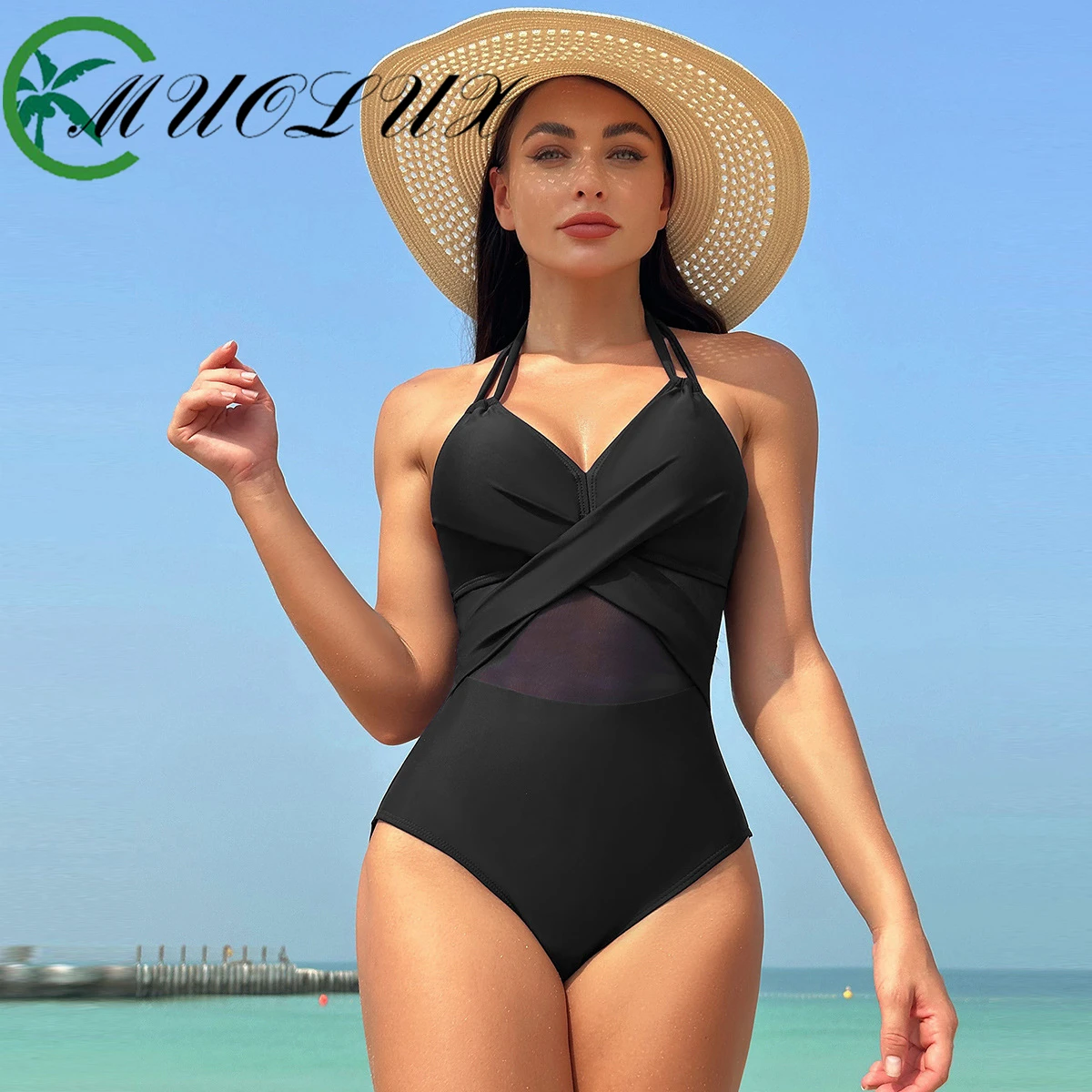 

MUOLUX 2024 Sexy One Piece Tummy Control Bikini Beachwear Solid Color Mesh Bikini Brazilian Swimsuit Ruched Bather Bathing Suit