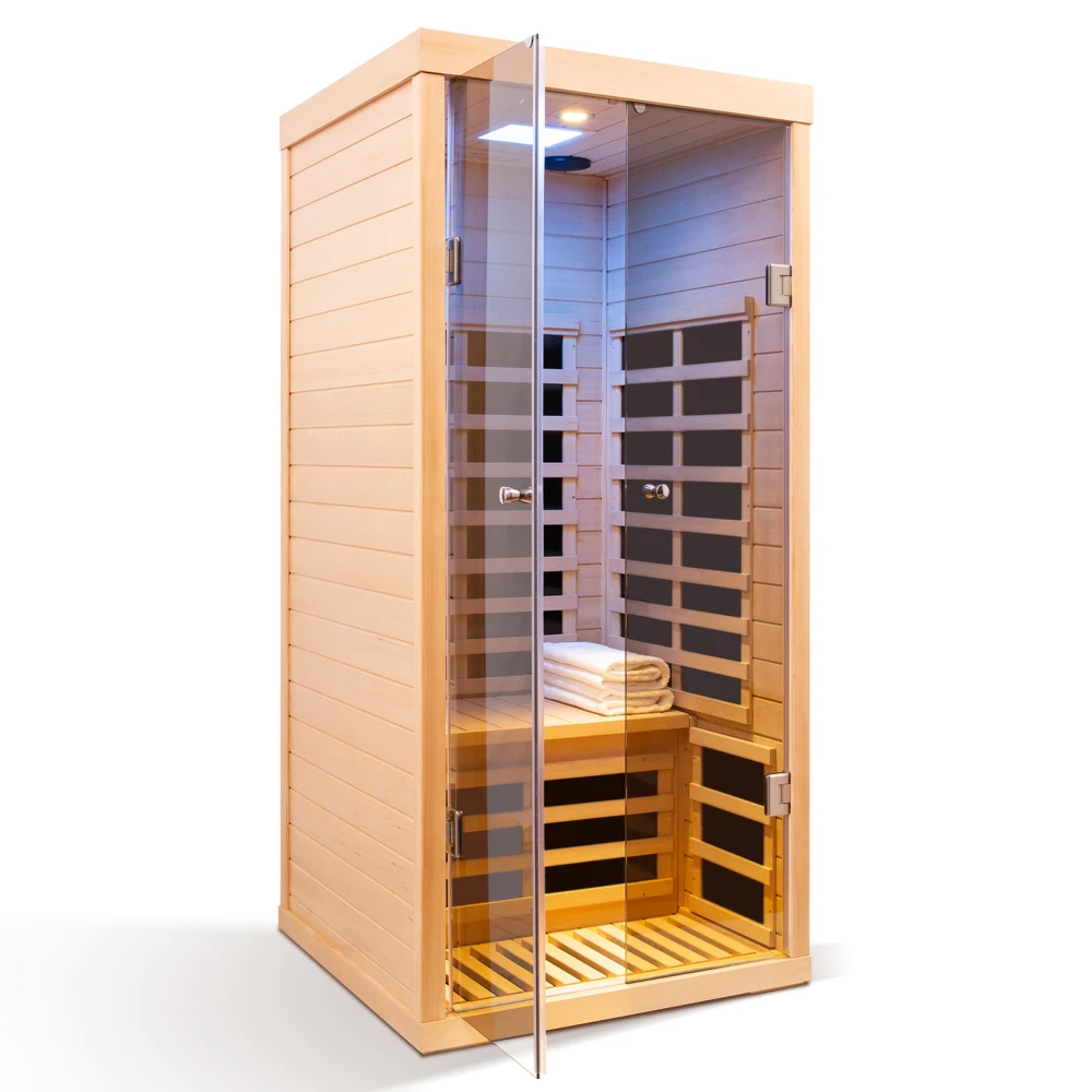 

Low EMF One person wide space hemlock double doors great glass luxury indoor Far infrared sauna room