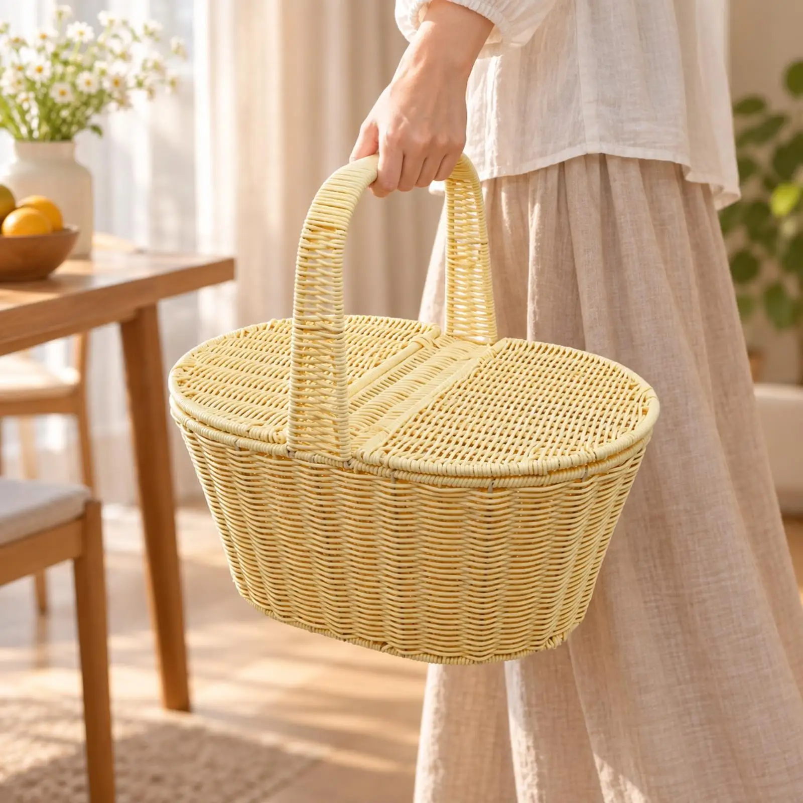 Handwoven Rattan Basket with Lid Portable Tapered Woven Basket with Carry Handle Multipurpose Sturdy for Picnics