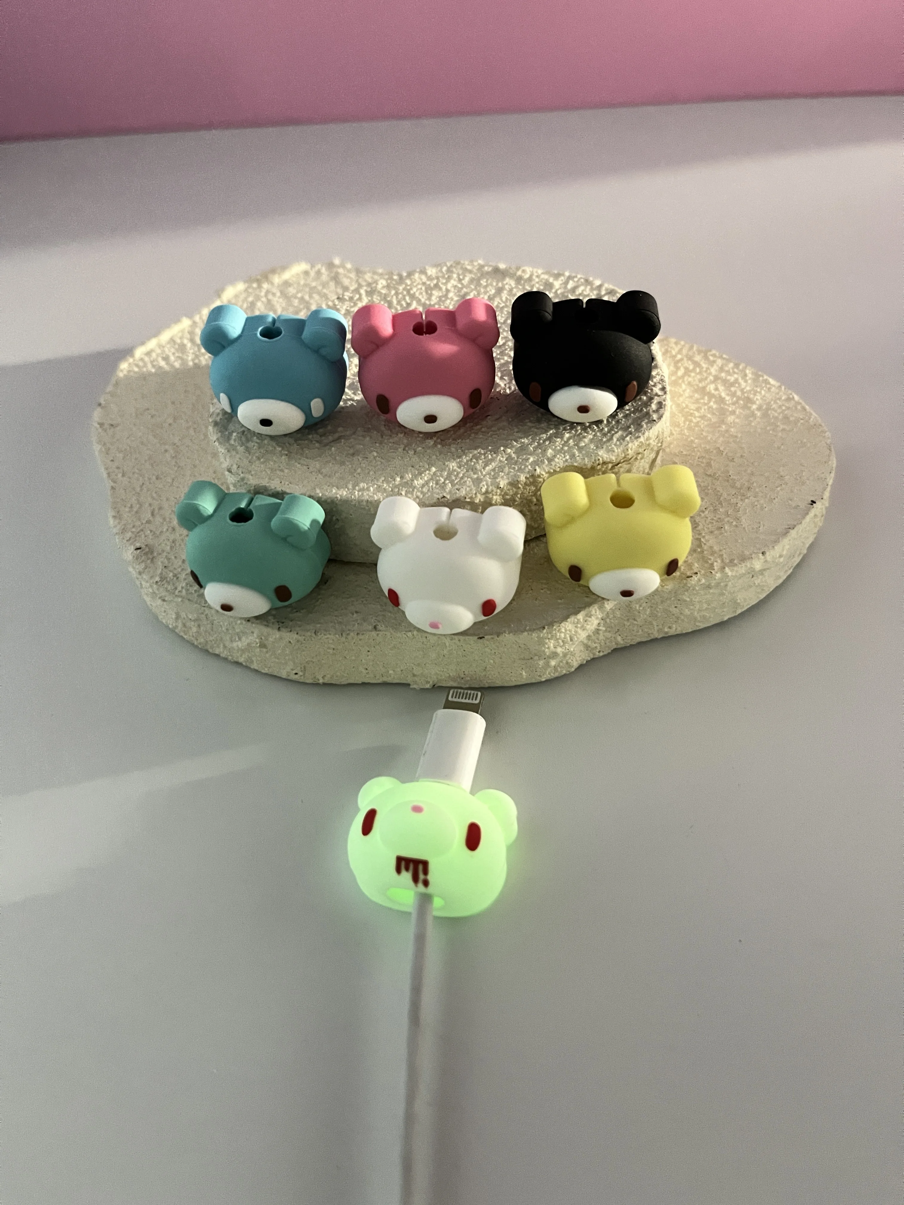 Luminous Kawaii Bear Data Cable Protector Anti Break Cartoon Charger Cable Saver for iPhone Android