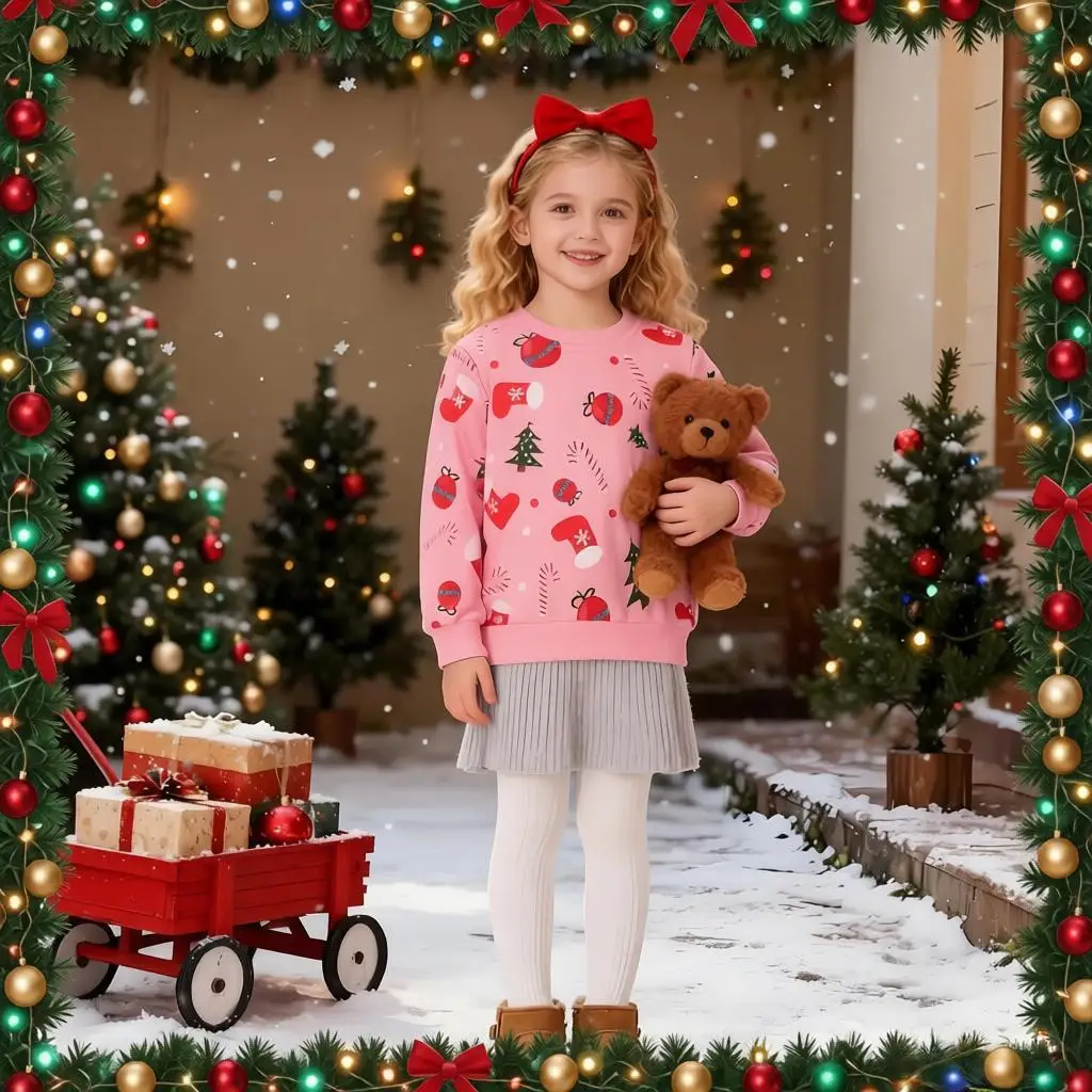 

Toddler Girl Pink Christmas Sweatshirt - Allover Holiday Graphics (Stockings, Tree, Candy) Casual Festive Pullover
