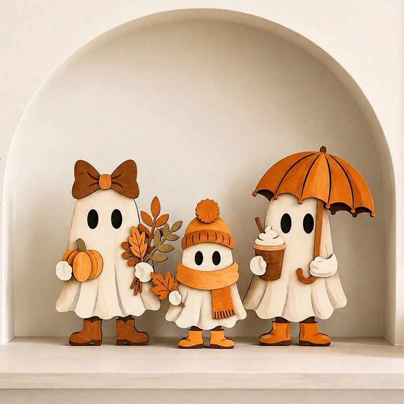 3PCS 2D Flat Wooden Ghost Ornament Fall Pumpkin Halloween Ghost Figurines Maple Leaf Cute Ornament Decor Seasonal Autumn Set