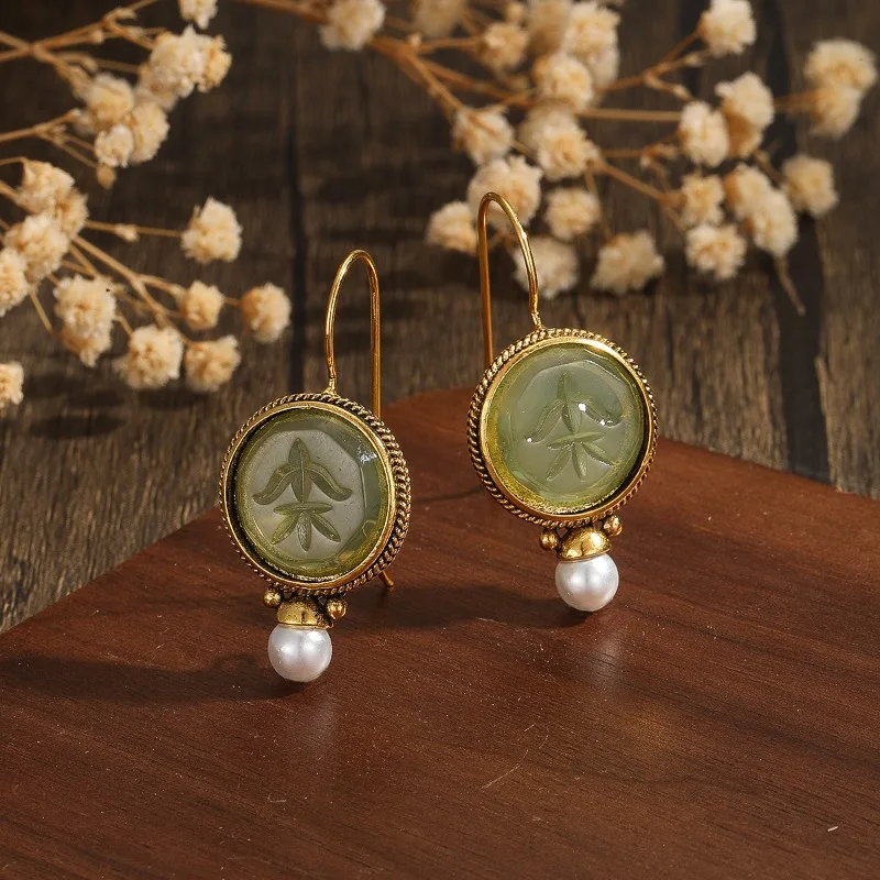 Delicate Gold Color Round Green Stone Earrings Grave Dangle Earrings for Women Jewelry