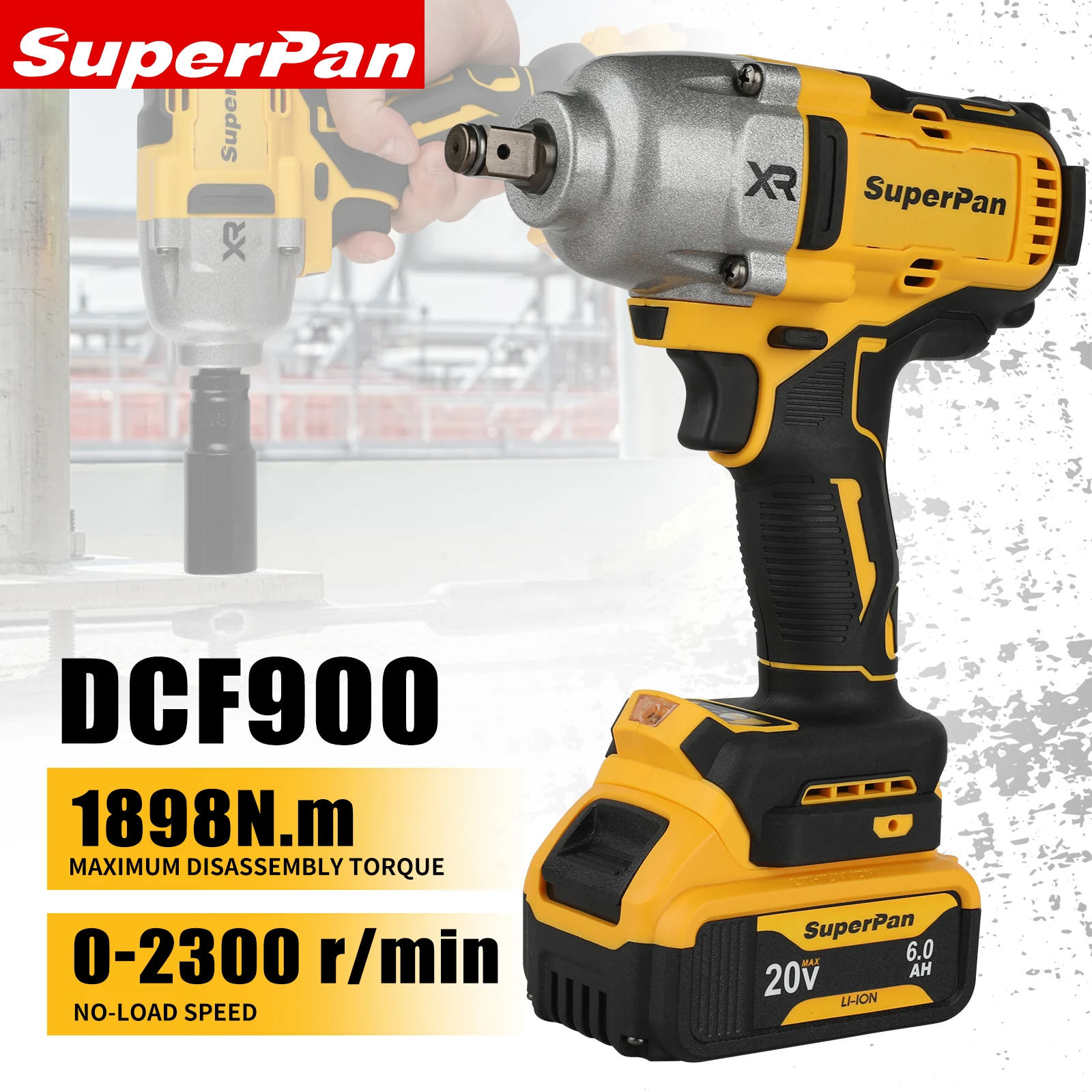 

20V 6.0Ah Long Battery Life | SuperPan Electric Wrench Llave Ajustable, 1898N.m Max Torque 0-2300r/min Brushless Motor