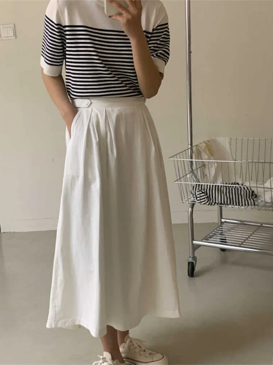 

Spring Summer New Korean Sle High Waist Slim A-Line Midi Skirt White Folded f Body Skirt for Women Cotton 00%