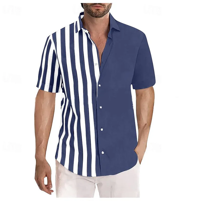 ﻿ Men's 2024 New Button Collar Multi color Striped Short sleeved Shirt Soft and Comfortable Spring/Summer Large Shirt XS-5XL