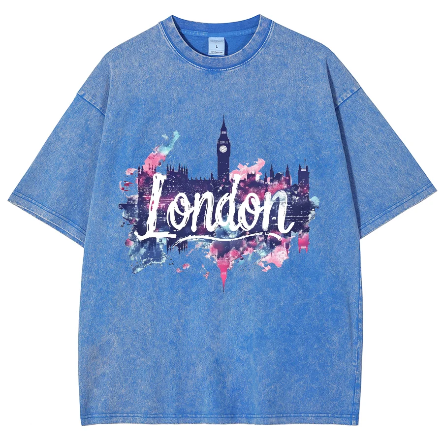 London Ink-Splashed Letter Print Women's Top Washed Cotton Oversized Short Sleeve Fashion Fashion Brand Street Hip Hop Top Black