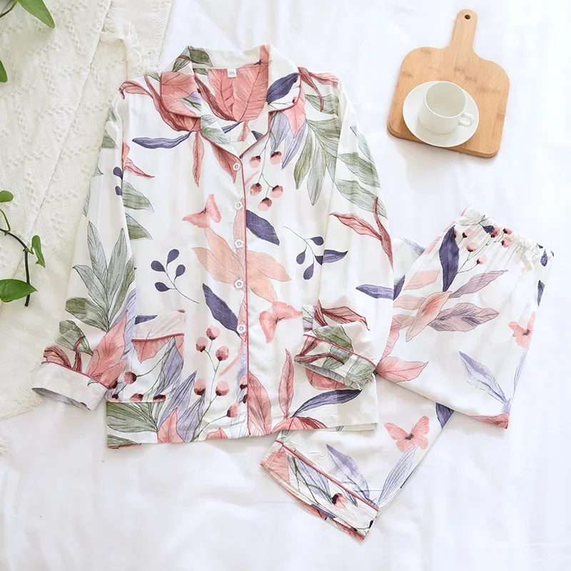 New spring and autumn ladies pajamas 100% viscose long-sleeved home clothes pure cotton flowers plus size two piece set summer