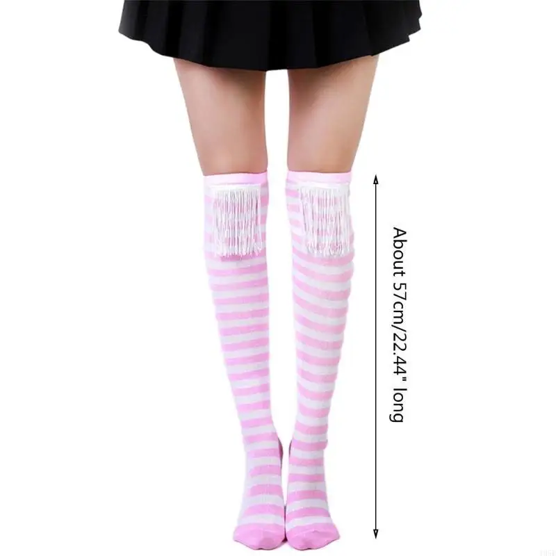 195E Women Girls Over Knee Long Socks Tassels Patchwork Christmas Striped Thigh High Stockings Holiday Party Stage Costume