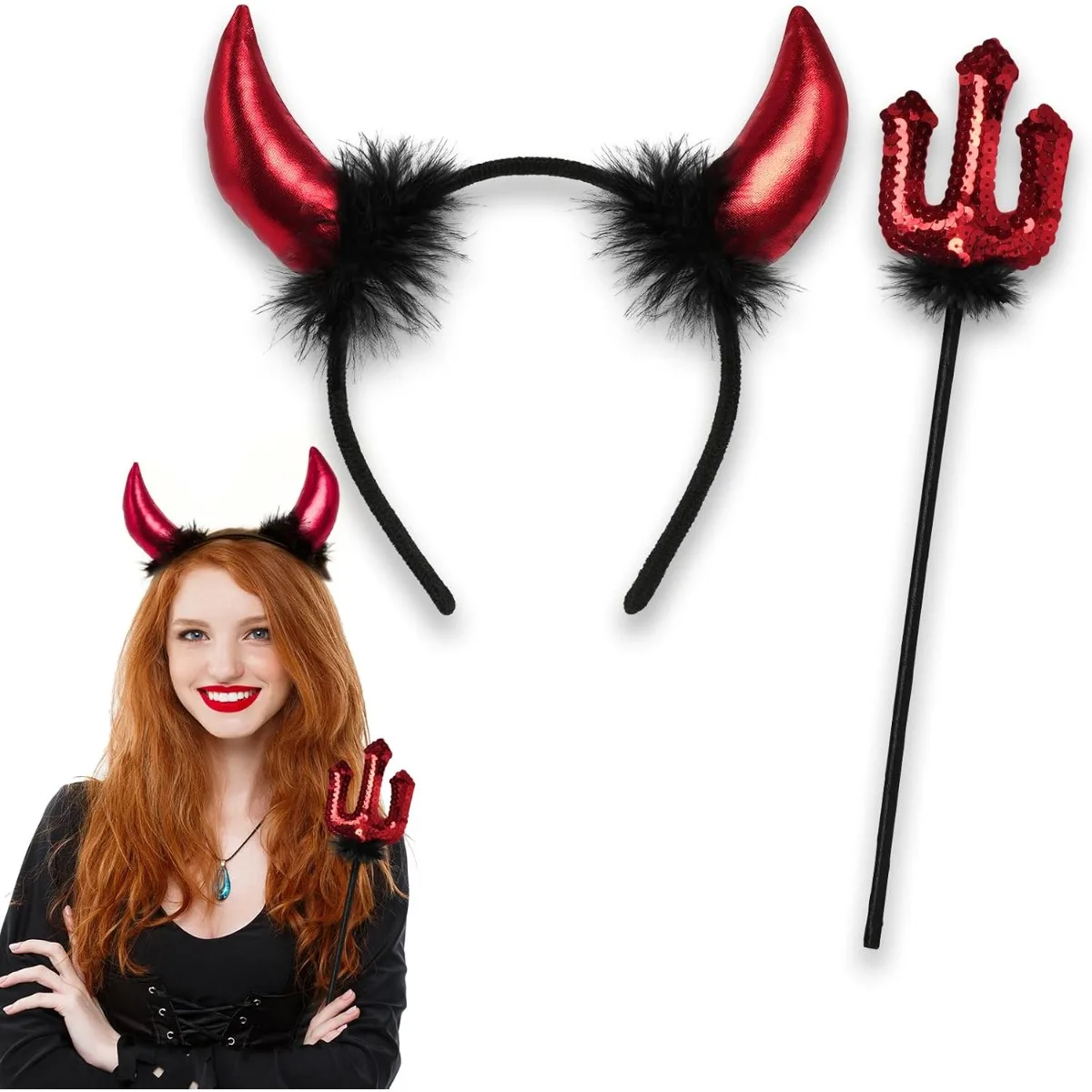 2PCS ROSAUI Devil Horns Headband & Sequin Pitchfork Set – Halloween Costume Accessories for Adults, Masquerade Balls & Carnivals