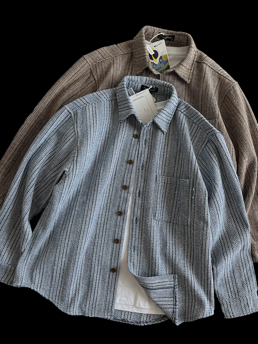 

Thiened Long Sve Men's irt Loose Fit Autumn New Sle Retro Texture Striped Outerwear Trendy Youth Faion Warmth