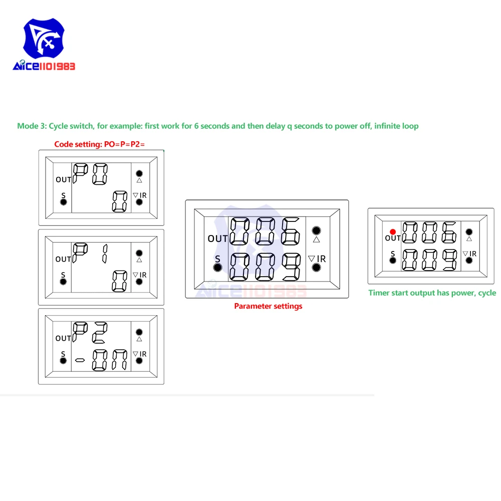 T2401-O/N DC 12V Zeitrelais-Modul mit Verzögerung, Dual-Display Digital-Zeitrelais, Direkt-/Passiv-Ausgang, Mini-LED-Digital-Timer – Detail 11