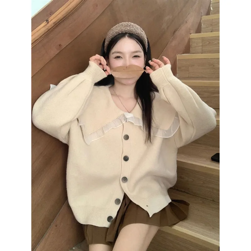 Korean Version Doll Collar Knit Cardigan Sweater Coat Women Casual Loose Cute Wind Soft Waxy Thicken 2023 Autumn New Inside Top