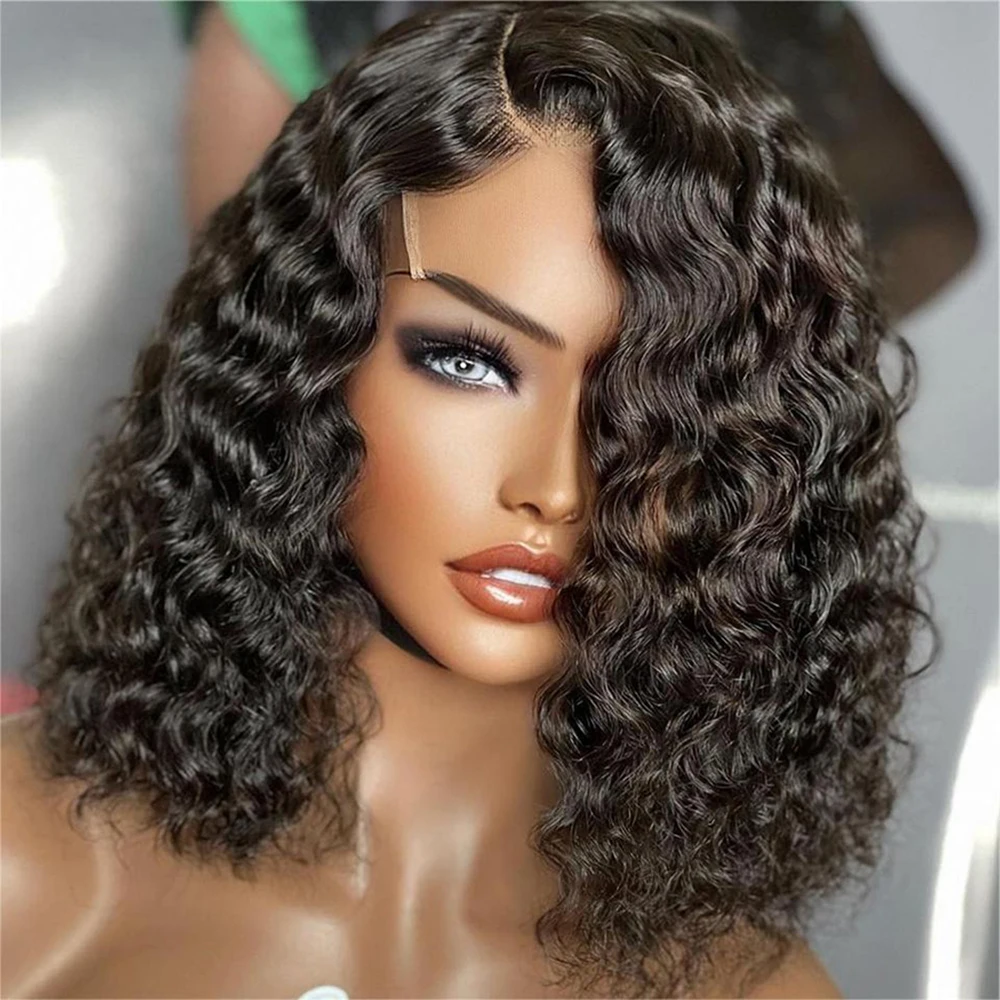 Water Wave Lace Wigs 180Density Transparent 4x4 Closure Lace Wigs For Women Deep Curly Bob Wig Side Part T Part Human Hair Wigs