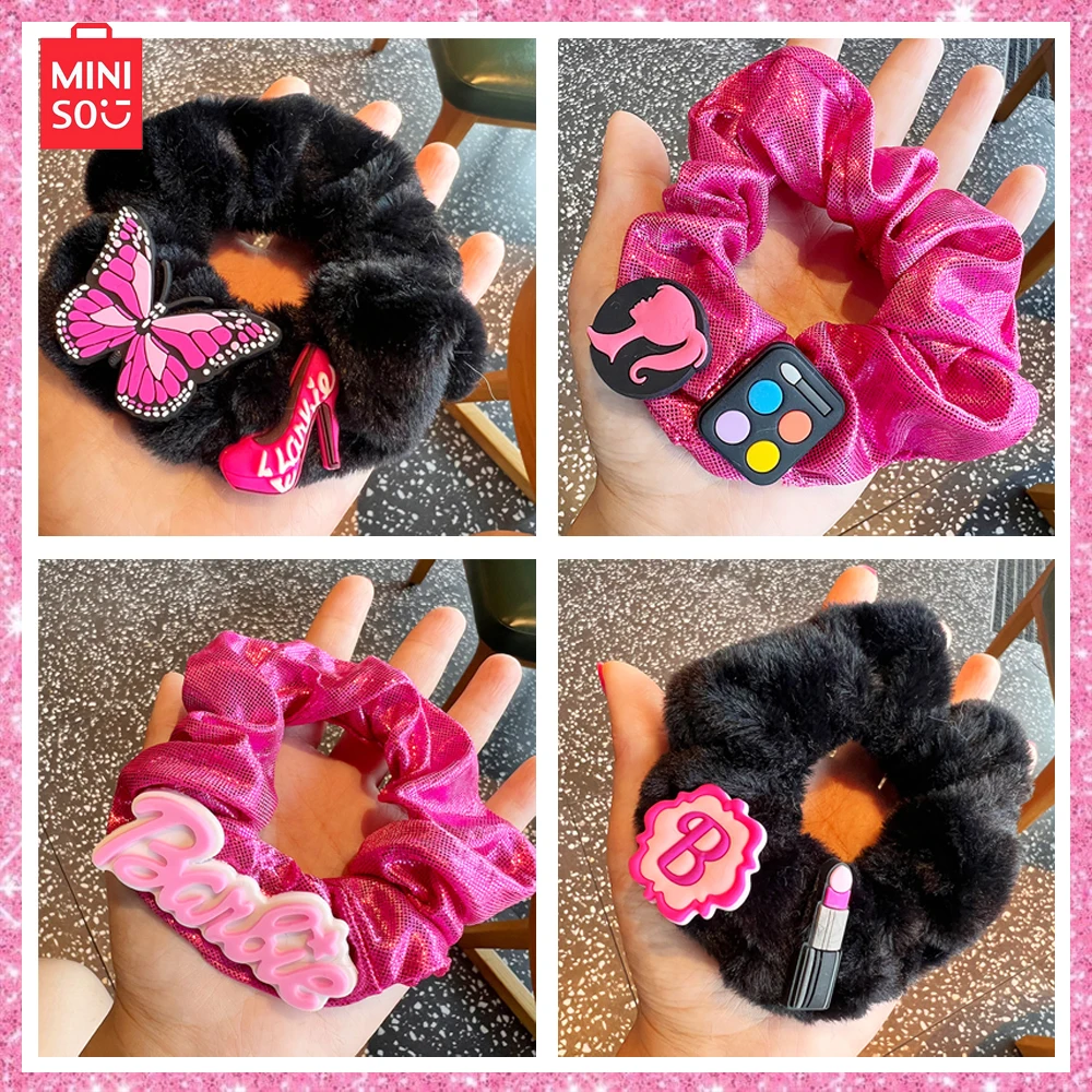 Miniso Barbie Pink Korean 2024 New 4-Pcs Black Butterfly Plush Large Intestine Hair Ring Makeup Box Lipstick Hair Rope Girl Gift