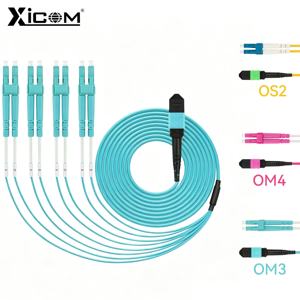 Xicom MPO Female To 4 Duplex LC OM3 Multimode Breakout Cable, 8 Fiber 50/125μm Aqua Fan-out Patch Cord for 40G QSFP+ Data Center