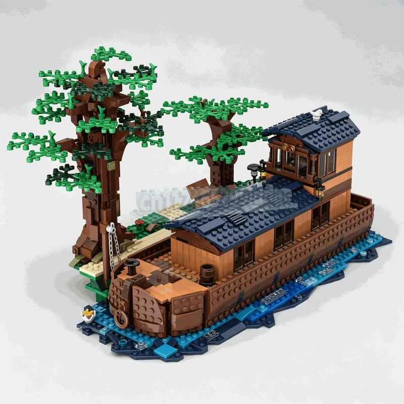 NEW 1574PCS European Canal Travel Barge MOC Building Blocks Removable Cabin River Landscape Diorama Architecture Brick Toy Gift