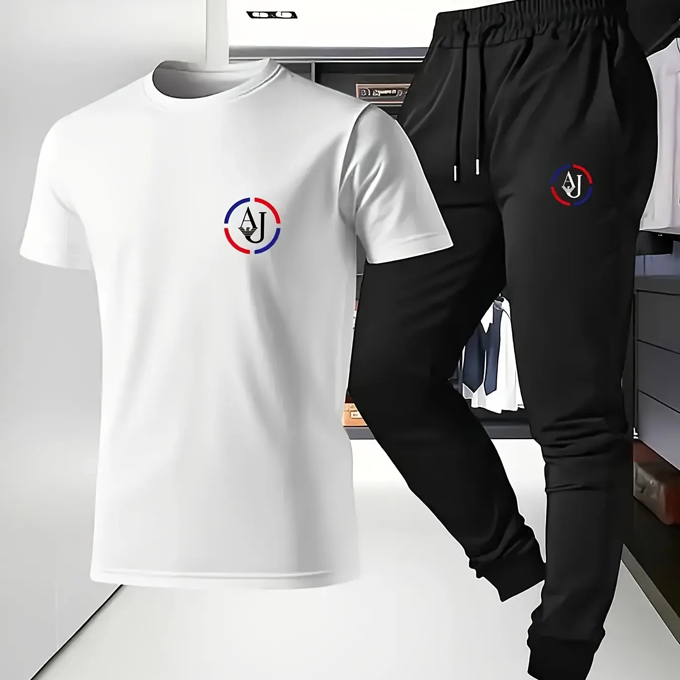 

2-piece men's Greek letter fraternity (λφε) matching cotton t-shirt and jogging pants set in white and black with logo print