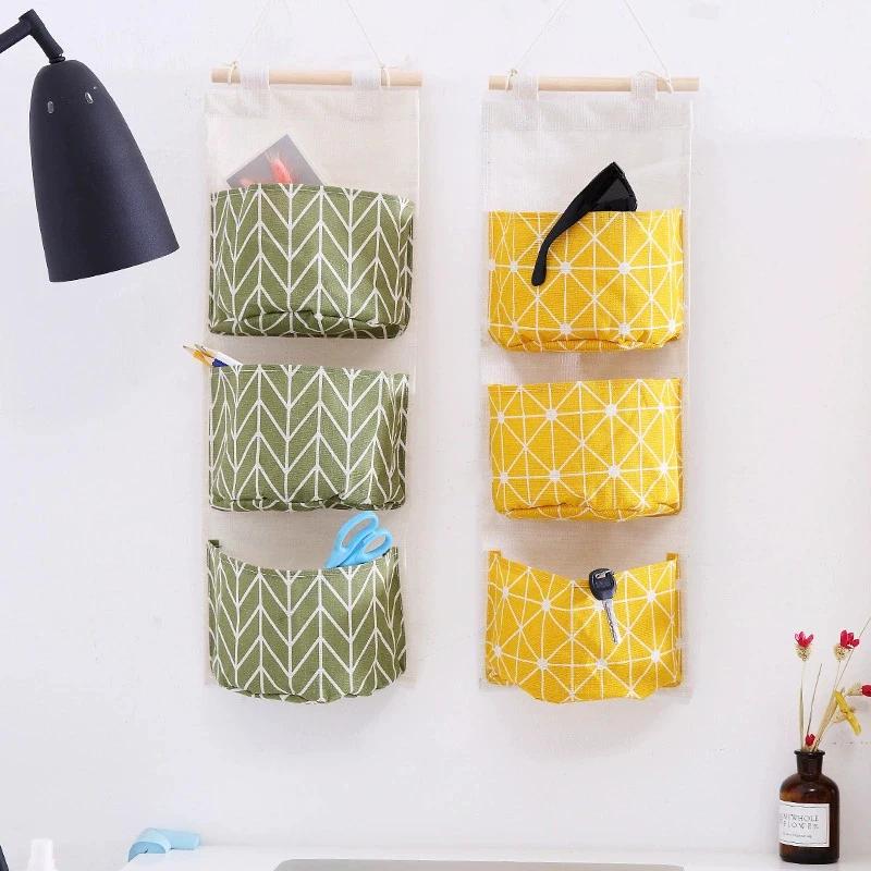 1PC Three Pockets Hanging Wall Storage Bag Household Bedroom Living Room Kitchen Cotton Linen Storage Bag【Homeclub】