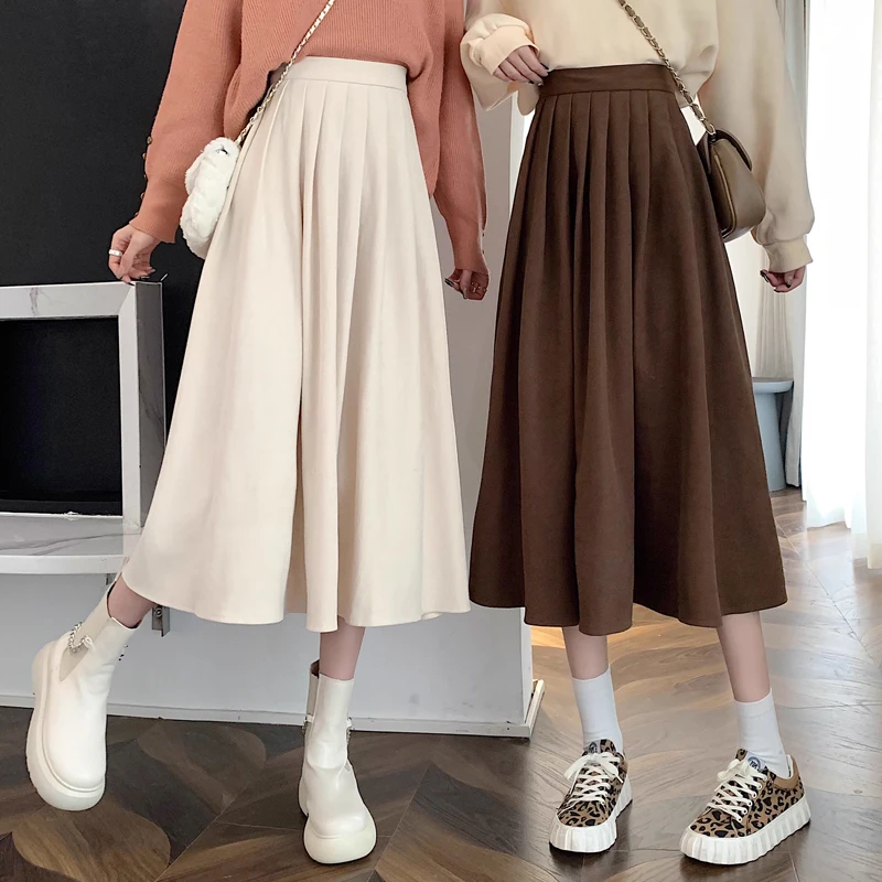 

Fashion Solid Color Women Loose Skirts Casual A-line Pleated Elastic High Waist Versatile Mid-length Office Ladies Skirt 30392