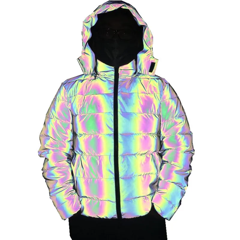 Men's Fashion Reflective Puffer Parkas Hooded Windproof Puffey Overcoat Cotton Padded Thick Thermal Jacket Colorful Reflect