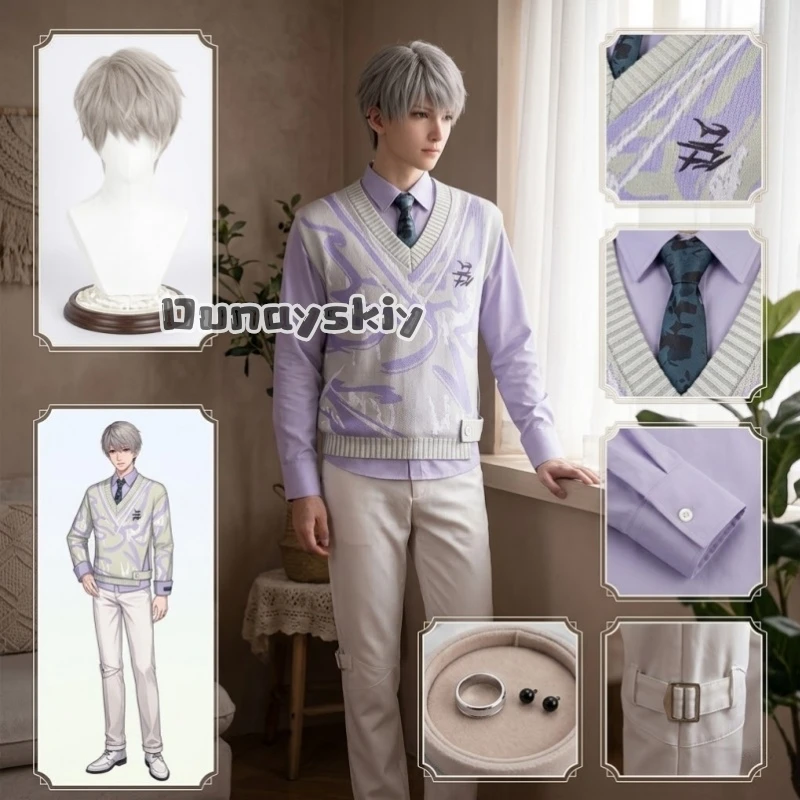 

LWW24*Anime Game Love And Deepspace Cosplay Xavier New Event Tranquil Moments Costume Fashion V-neck Knitwear Pants Earring Wigs