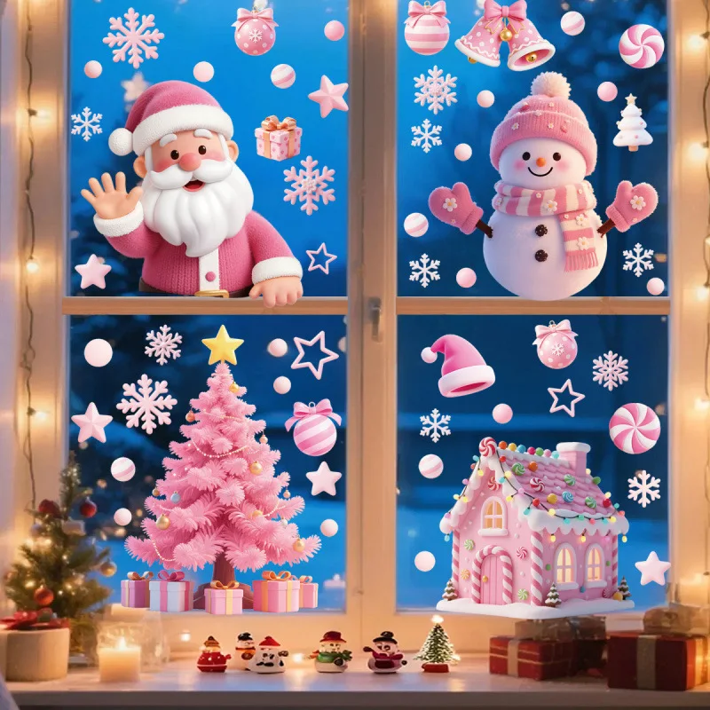 Santa Claus Stickers Blue Snowman Window Decorations Glass Static Stickers Christmas Decorations Snowflake Window Stickers