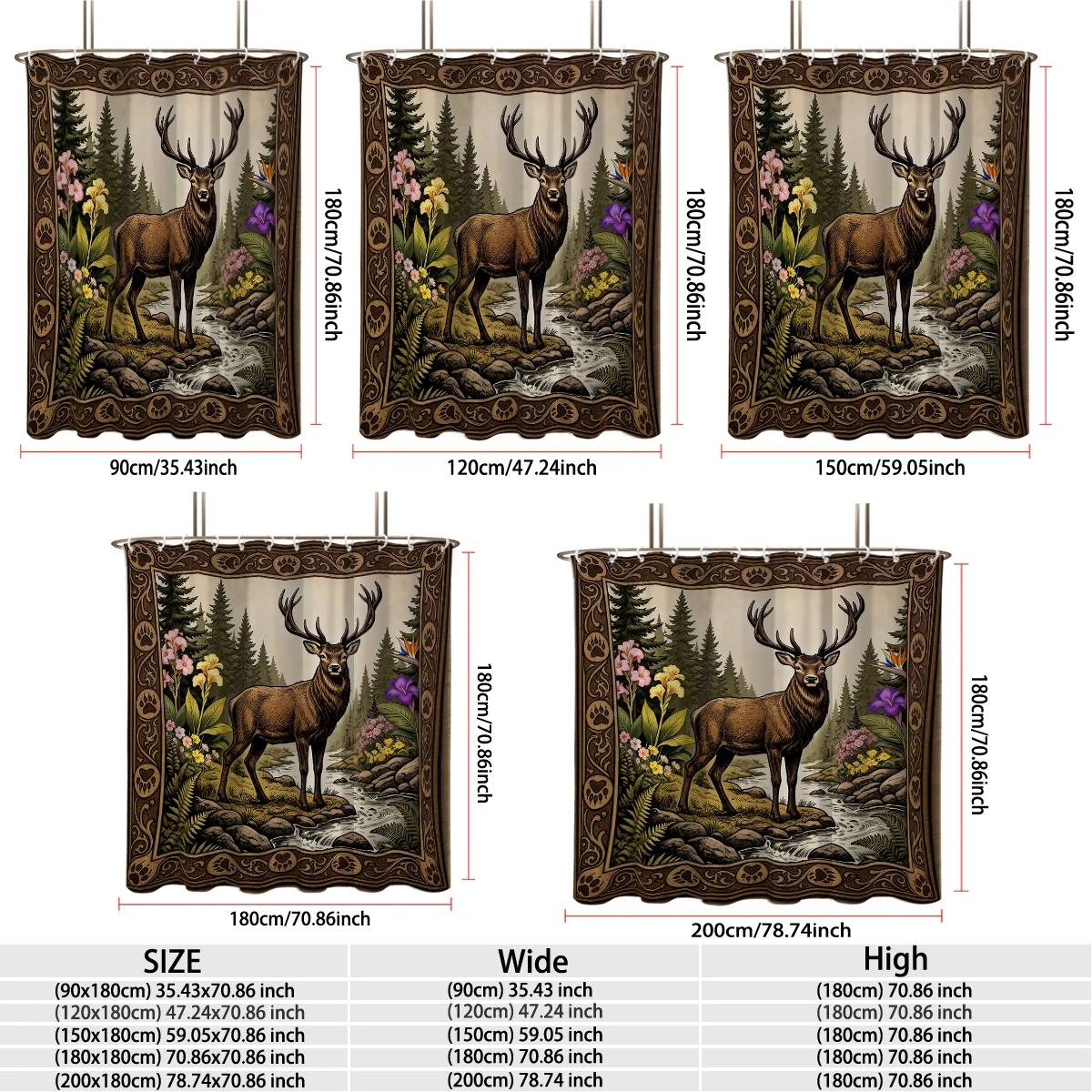 The waterproof shower curtain features a forest stream, deer,flower decorations, and comes with a hook.can be machine-washed