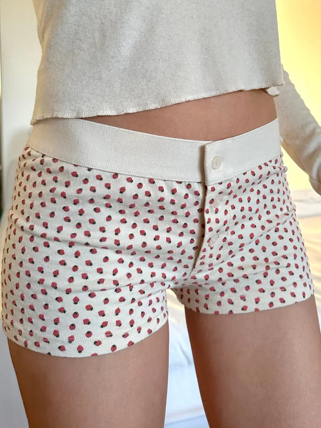 Strawberry Sweet Shorts Summer Elastic Waist Patchwork Three Buttons Straight Short Pant Cotton Cute Home Underwear Woman Pants