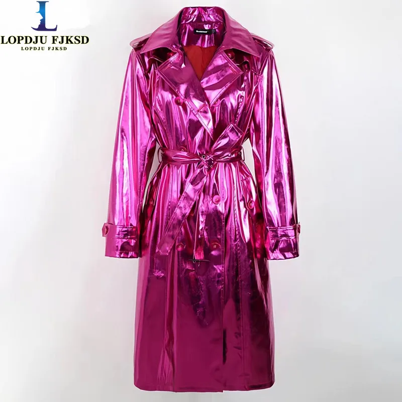 Long PU Leather Coat for Women, Fashion Overcoat, Female Clothing, New England Style, Adjustable Waist, Sequins, Spring, Autumn