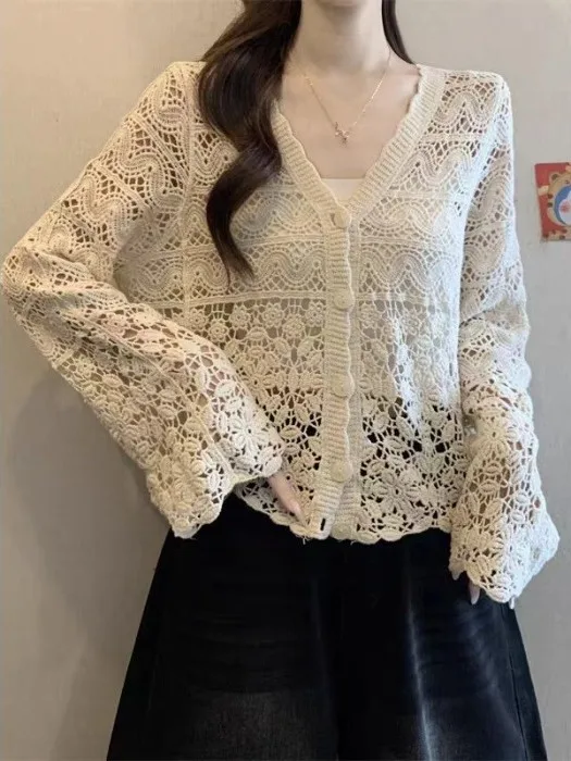 

Spring 2026 Women's V-Neck Knitted Open Cardigan Hollow out Short Sleeve Long Sleeve Shirt Hollow Flower Hook Straight Tube Top