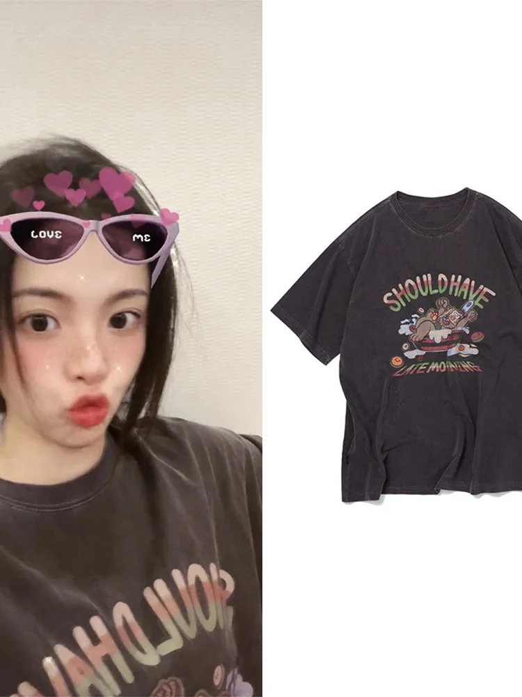 

Свободная футболка с принтом в стиле ретро Or Sve Waed ey Dongda Gate Yang Chaosen Qui очень женский летний топ Faion