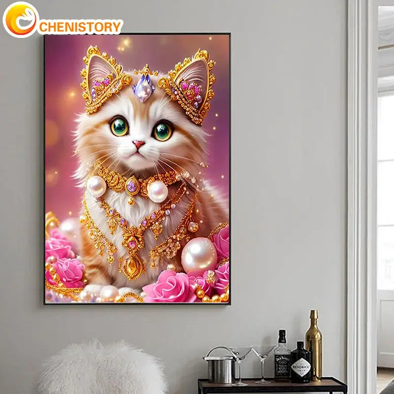 

CHENISTORY Coloring By Number Pearl Cat Animal Drawing On Canvas Picture By Number Art Handpainted Home Decoration