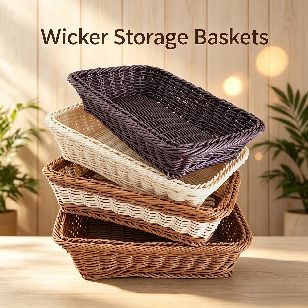 Wicker Storage Basket Handwoven Imitation Rattan Tray Bread Fruit Snack Organizer Kitchen Cafe Boho Farmhouse Home Decor Durable