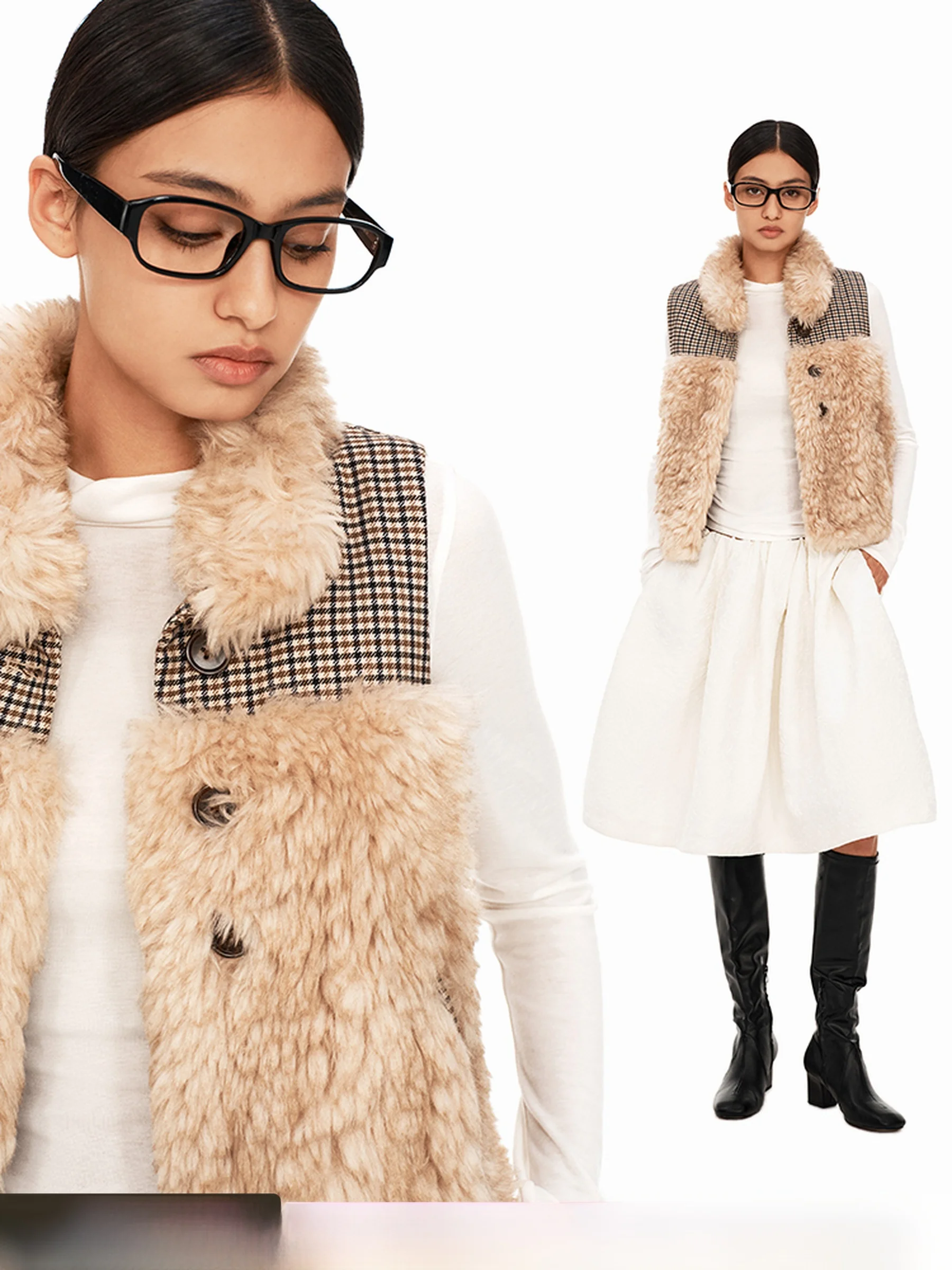 

Puki Vintage Plaid Splicing Vest Eco-friendly Fur Lamb Velvet Collar Outerwear Stand Collar Jaet Women's Faion