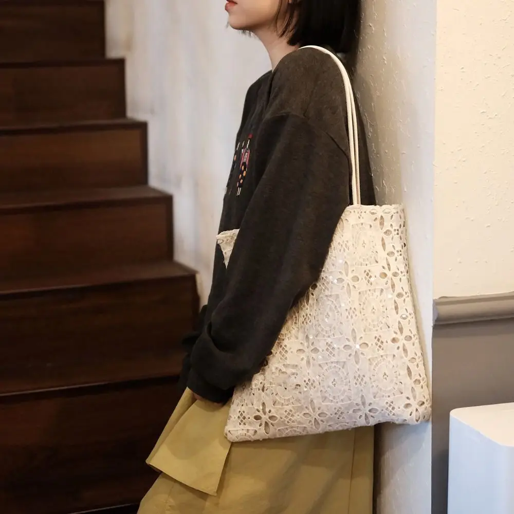 

Кружевная сумка через плечо с вышивкой и цветком, большая вместительная сумка-тоут с блестками, женская плетеная сумка в богемном стиле с вышивкой