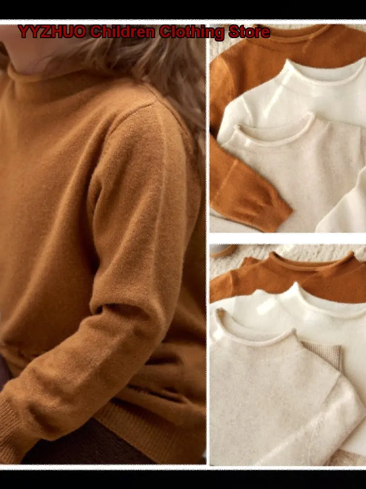Girls Autumn Winter Solid Color Rolled Hem Knit Bodysuit Close-Fitting Cashmere Base Layer High Neck Kids
