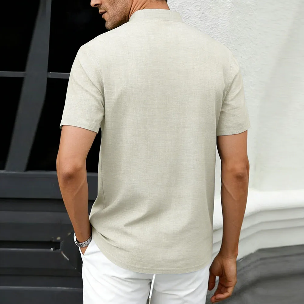 Men's Stand Collar Henley Shirt Linen Look Casual Short Sleeve Button Up Tops Lightweight Summer Beach T-Shirt